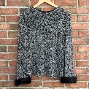 Chetta B all over black & white sequined beaded top with fur trimmed sleeves